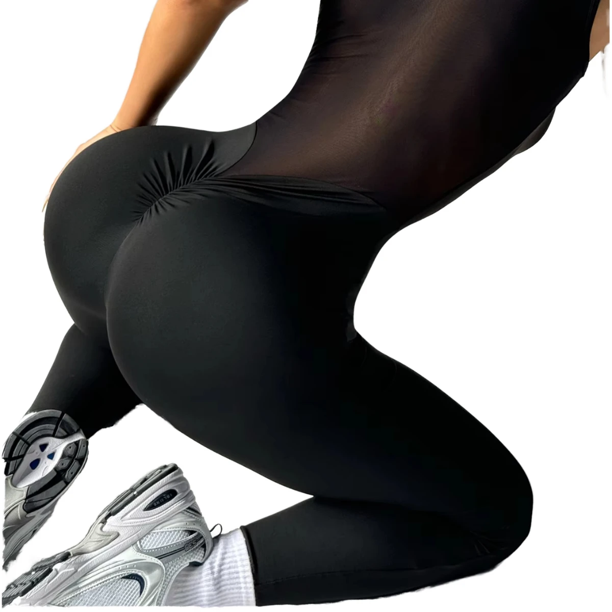 Women's Back Hollow Mesh Full Length Short Sleeve Anti-Wrinkle Simple Solid Polyester Sandex Fitness Suit Sexy Hip Lifting