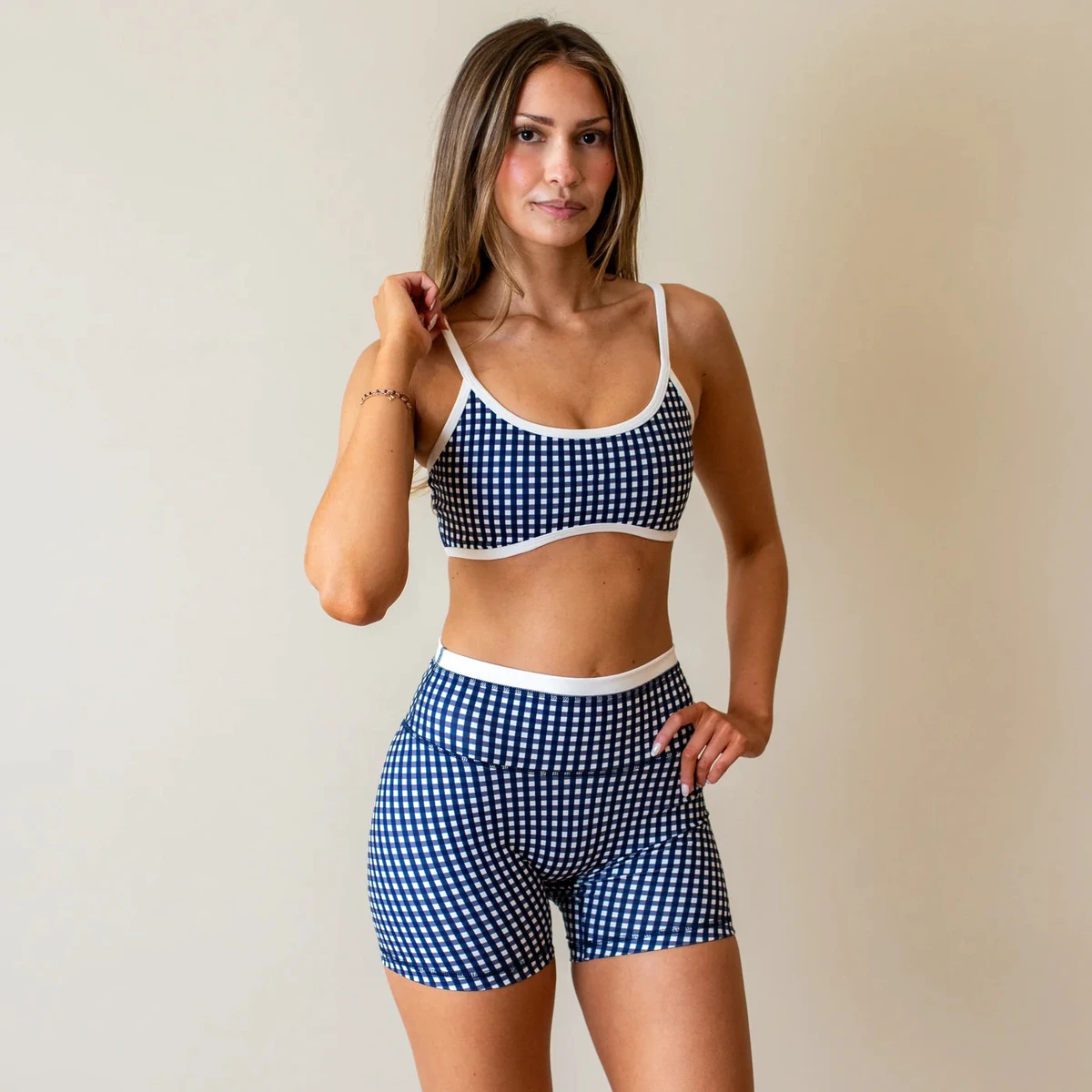 Gingham Print Yoga Set Spaghetti Strap Crop Top High Waist Shorts Two Piece Set Breathable Spandex Polyester Workout Wear