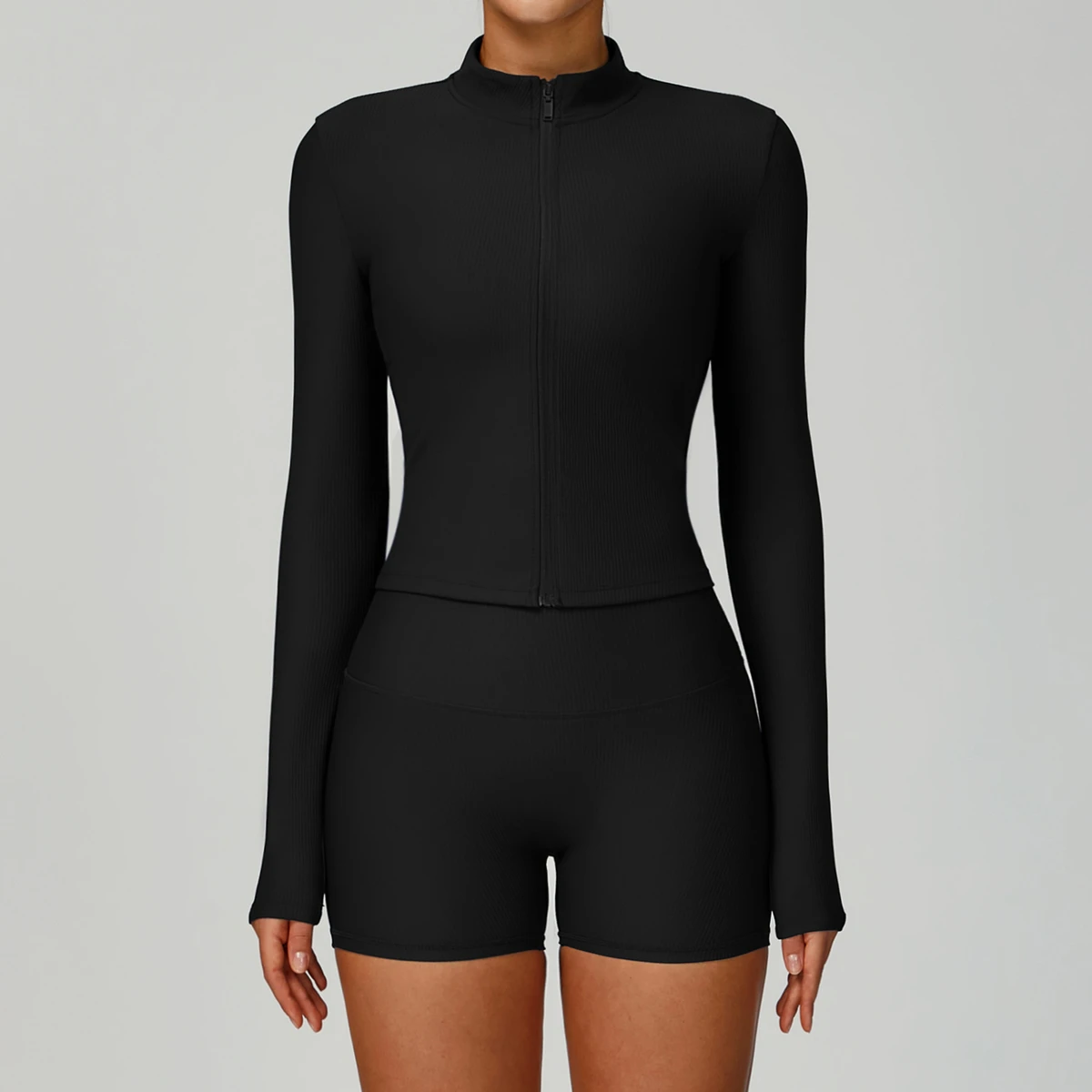 Ribbed Stand-Collar Yoga Jacket - Slim-Fit Windproof Workout Top for Running & Outdoor
