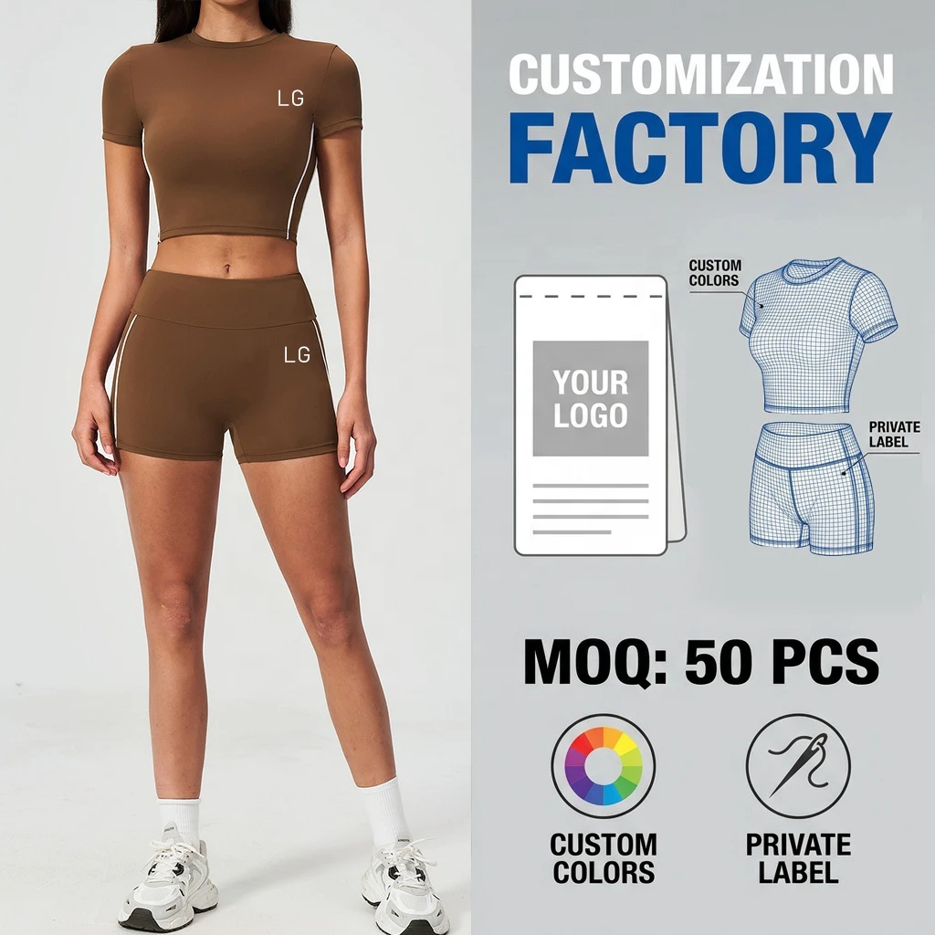 Custom Private Label Breathable Plus Size Side-Stripe Yoga Set Professional Stitched Short Sleeve Crop Top Biker Shorts High