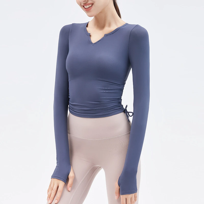 Women's Notch V Neck Side Drawstring Long Sleeve Yoga Top Buttery Soft Slim Fit Thumb Holes for Gym Running Workout