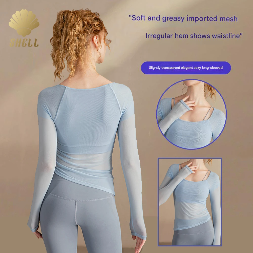 Yoga Outfit See Through Elastic Mesh Splicing Irregular Asymmetric Hem Comfortable Breathable Tight Bodycon Fit Women's Top