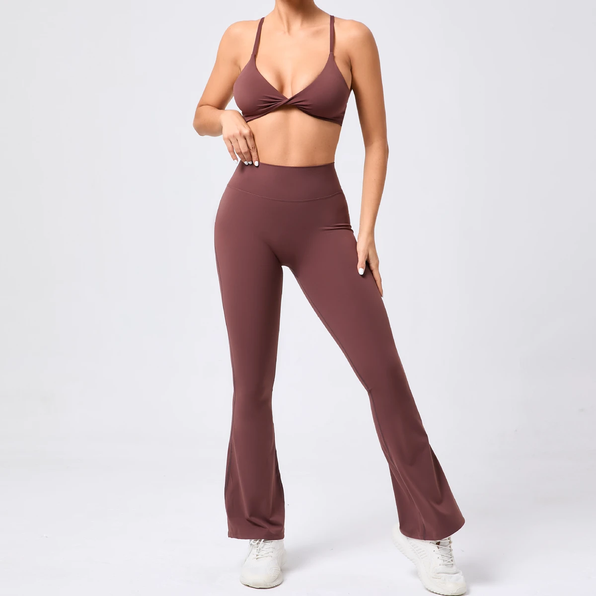 Yoga Set with Twist Knot Adjustable Bra Flared Leggings Slim Fit Back Enhancing Quick Dry Sportswear for Women to Running