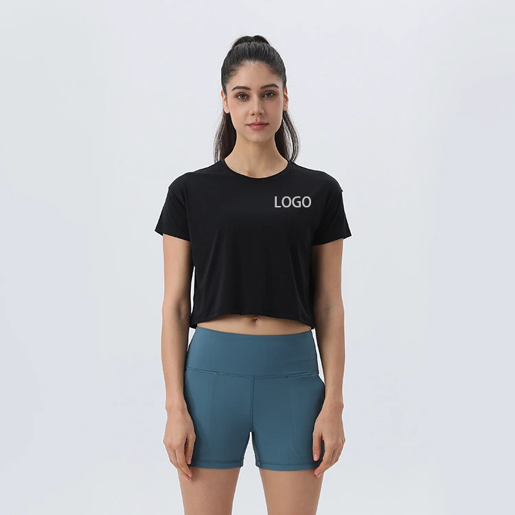 Customized Logo Sports T-Shirt Highly Elastic Fitness Suit Breathable Loose Yoga Top Double-Sided Nude Sports-Wholesale