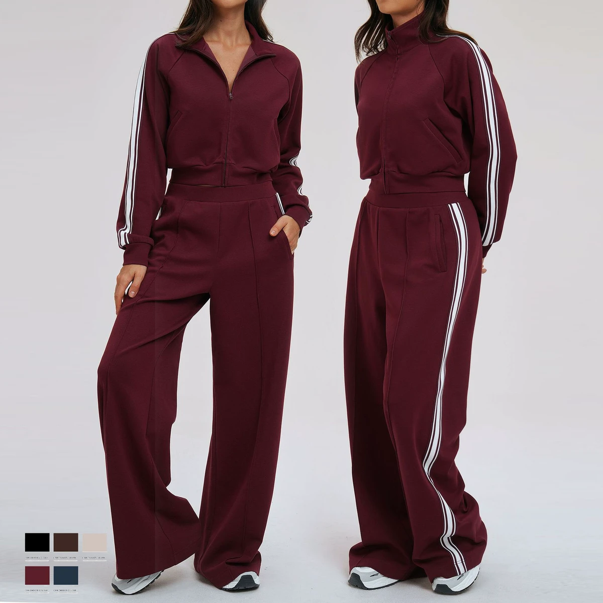 Women's Color Blocking Long Sleeve Full Zipper Stand Collar 2 PC Yoga Set High Waist Slim Fit Hoodies Outdoor Sports Suit
