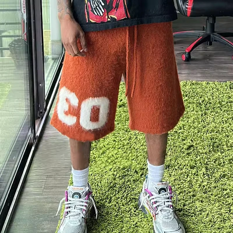 Custom Logo Breathable Casual Loose Woven Elastic Waist Shorts Pants Bermuda Fuzzy Screen Print Streetwear Fluffy Polyester Men