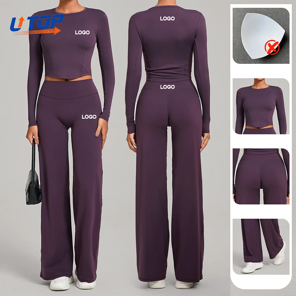 Custom Women's Gym Set Fitness Yoga Wear Long Sleeve Tee High Waist Pants Outfit Suit Casual Activewear 2 Piece Sets for Women
