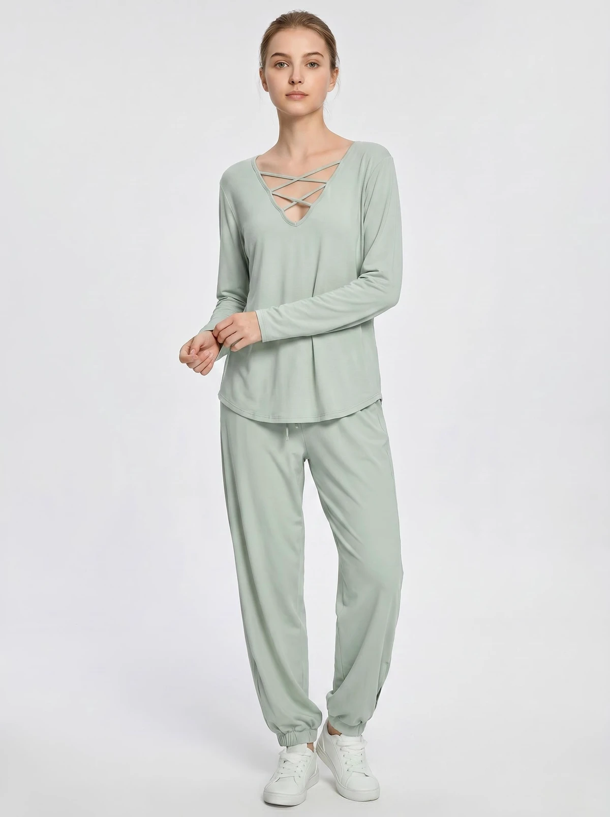 Women Cross Back V Neck Long Sleeve Yoga Top, Soft Breathable Base Layer Casual Home Shirt, Customizable