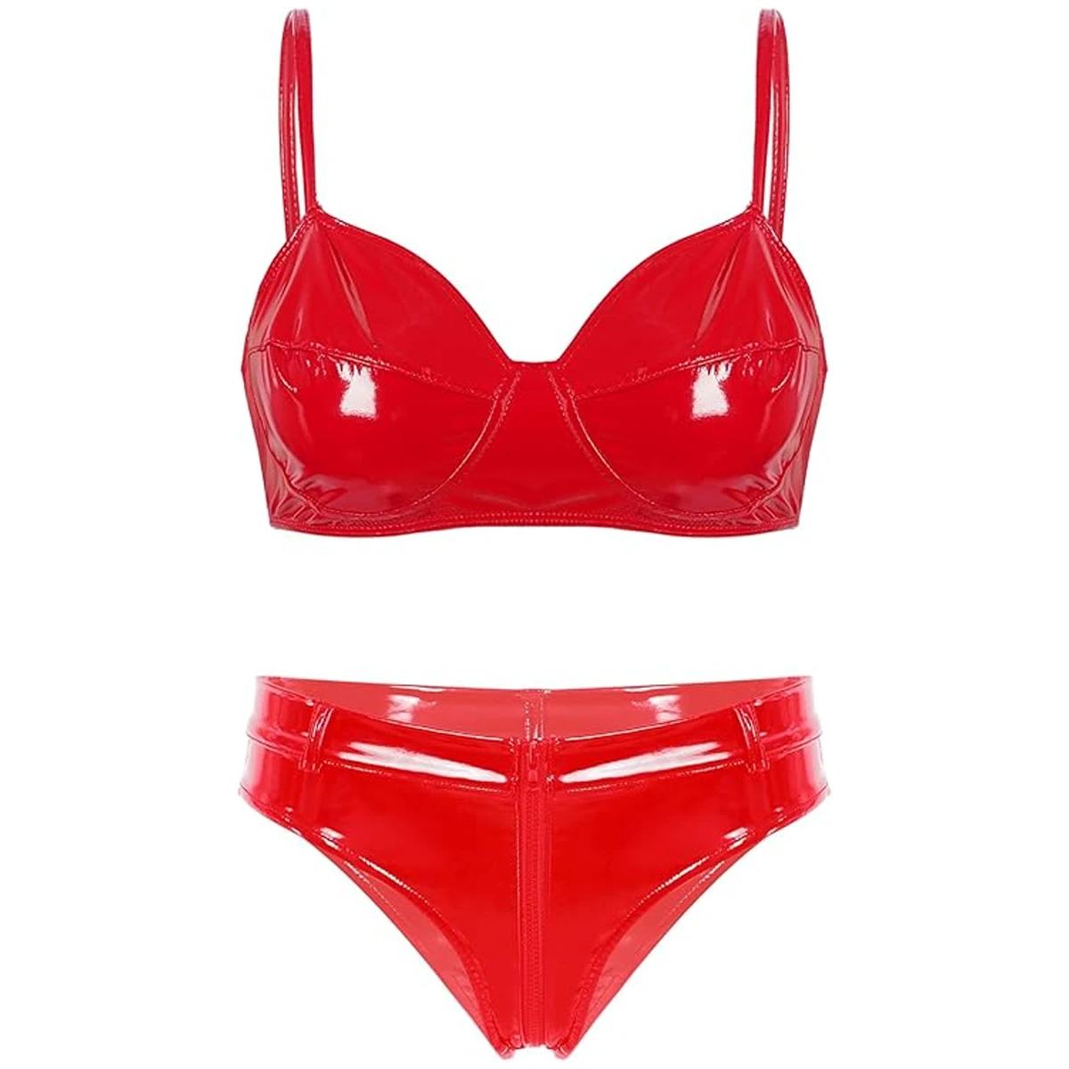 2026 Newest Sexy Adjustable Strap PU Leather Bralette Two-Piece Set Underwire Support Removable Cups Zipper Front Briefs Women