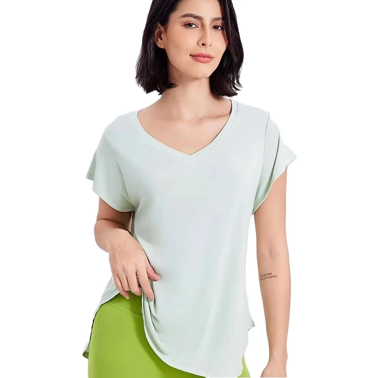 Women's DEMAIR SPORTS Lightweight Yoga Crop Tops Solid Short Sleeve Polyester/Cotton V-neck Quick-Drying Breathable Slimming