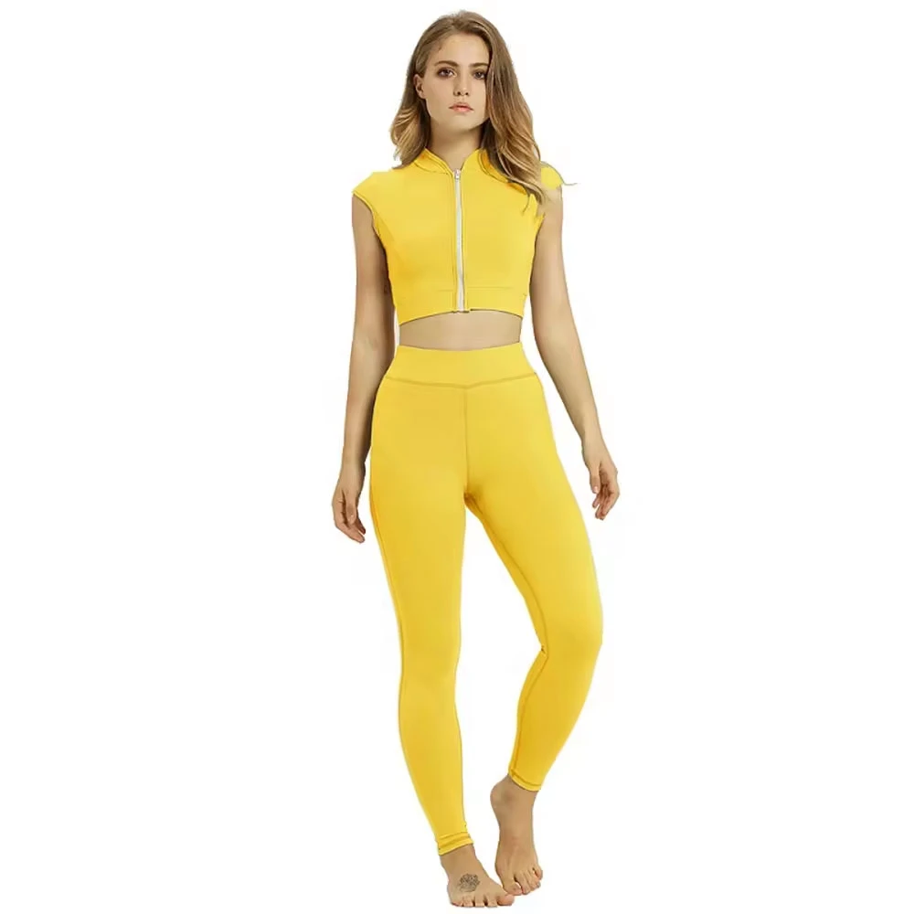 Oem & Odm Reversible Solid Fitness Running Athletic Yoga Suits 2pcs Women's Yoga Leggings Set Elastic Waist Custom Logo