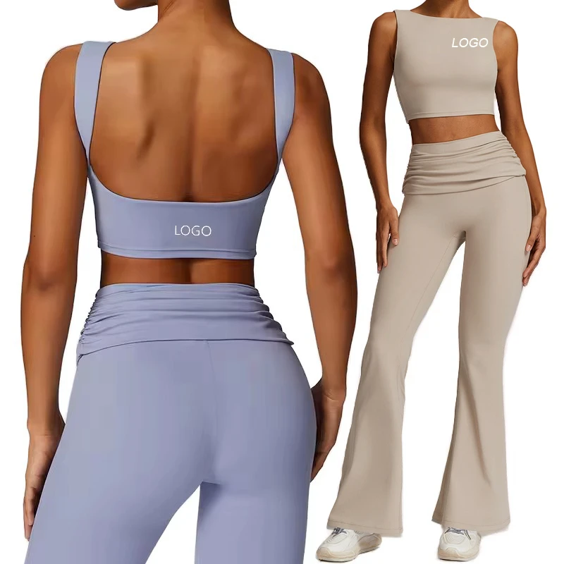 High Quality Open Back Women Gym Clothes Yoga Wear Set Buttery Soft High Waist Wide Legs Flared Pants Custom Sports Workout Sets
