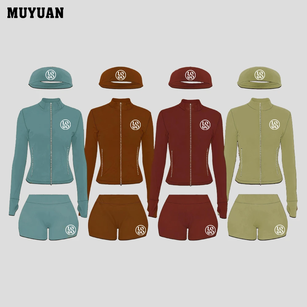 Quick Dry Nylon Spandex Women Activewear Set High Performance Zip Jacket and Scrunch Biker Shorts for Gym Running Yoga