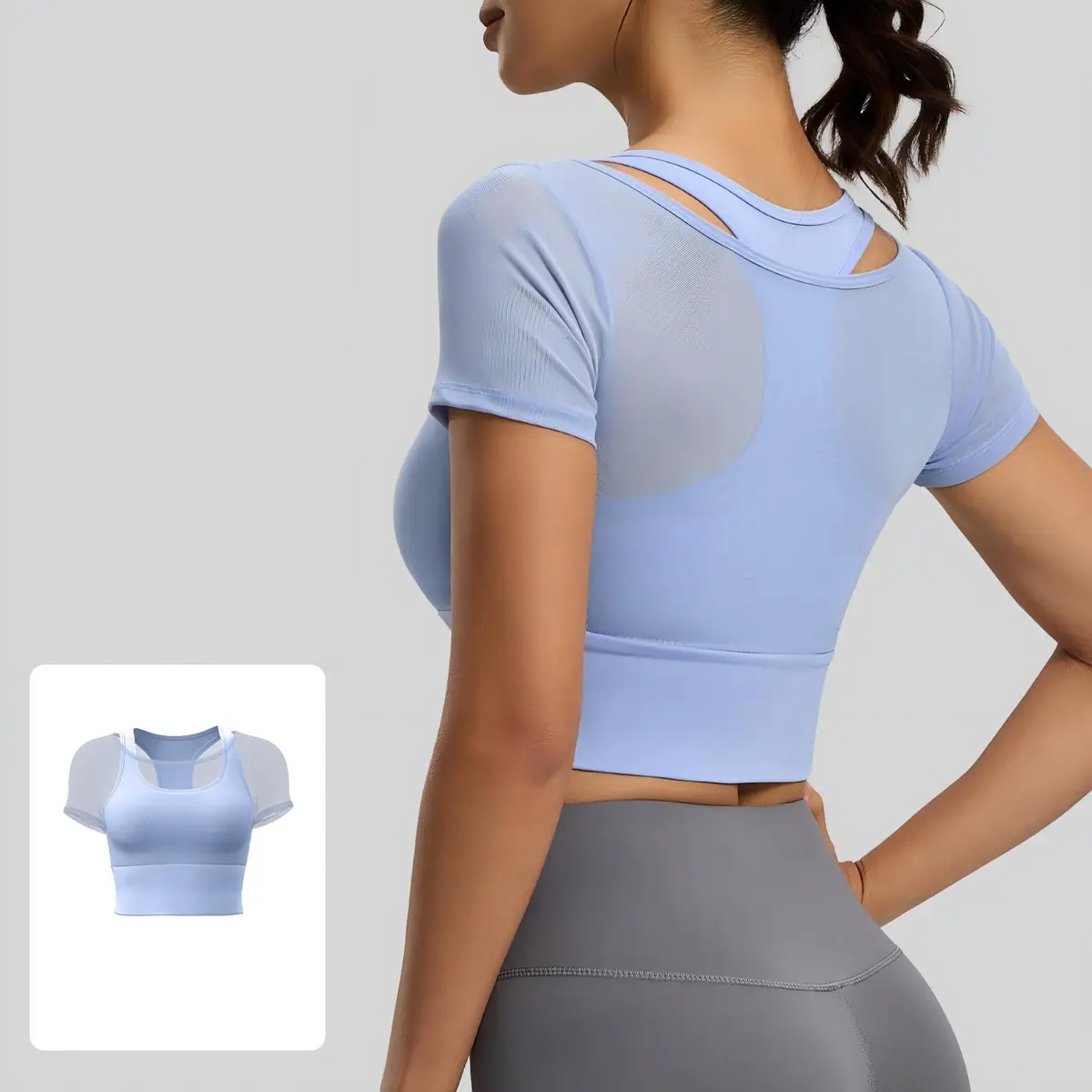 Women Mesh 2 In 1 Short Sleeve Yoga Crop Top with Built In Bra Pads Breathable Gym Workout Top Running Sports Pilates Shirt