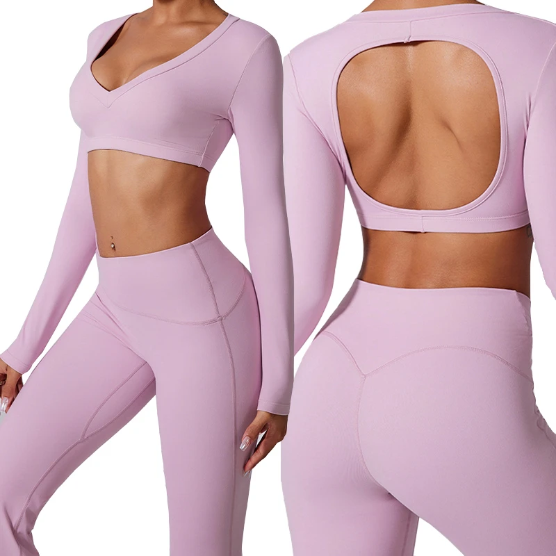 Wholesale Sexy Long Sleeve Yoga Top Crop Padded in Long Sleeve Yoga Top Hollow Cut Back Yoga Long Sleeve Fitness Top