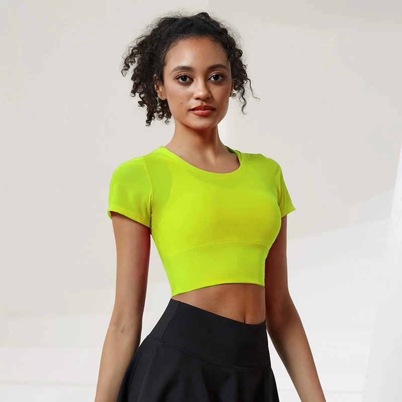 2022 Girls Mesh Beauty Stretch Yoga Bra Top Active Wear Sexy Short Sleeve Workout Gym Sports Bras Crop Tops for Womens