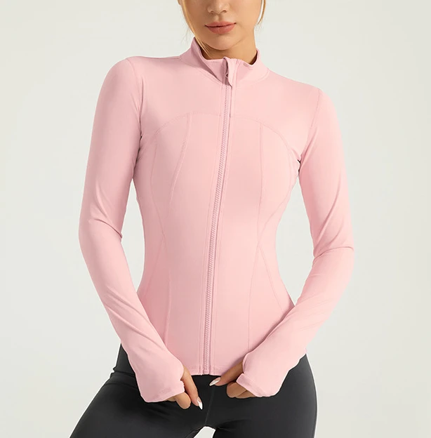 Women's Long-Sleeved Zip-up Coats Girls Athletic Yoga Jacket Wholesale Gym Wear Clothes with Thumb Buckle Yoga Tops