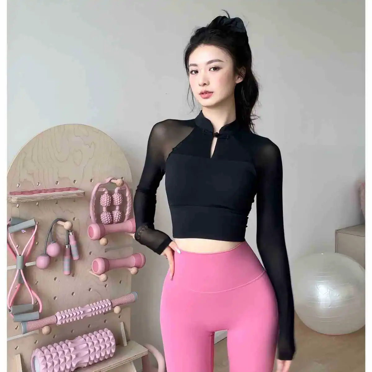 Maidoli Chinese Style Long Sleeve Yoga Top Padded Cups Mesh Splicing Breathable Stretch Fitted Slimming Pilates Workout Shirt