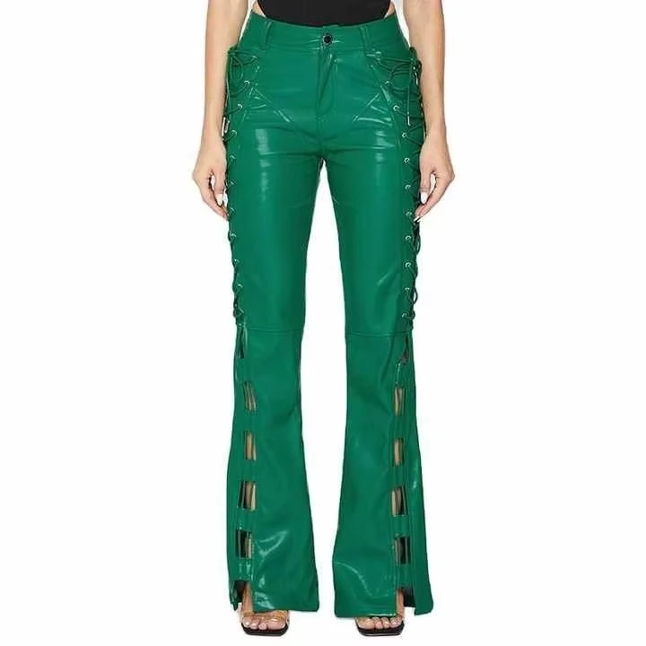 Genuine Leather Breathable Compression Pants Women's Casual Outdoor Spring Button Motor Bike Leggings with Waist Design