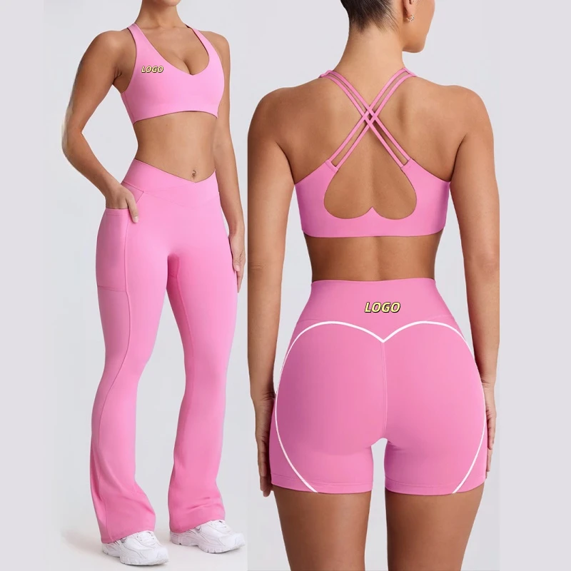 Women High Quality Quickly Dry Breathable Yoga Sport Sets High Waist Pocket Flared Pants Gym Jogging Push up Workout Fitness Set