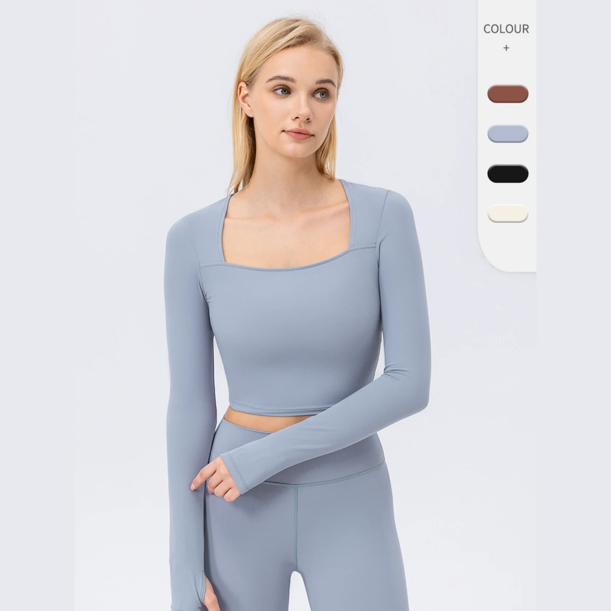 Yutuo OEM Women Sports Crop Top Long Sleeve Nylon T-shirt square Neck Tight Shirts Custom logo Gym Training Fitness Yoga Shirt