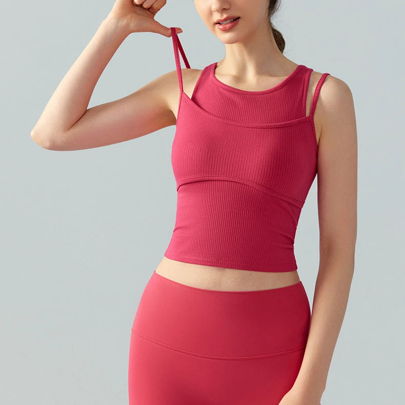 Ladies Blank Colors Breathable Sleeveless Fixed Built-in Pads Gym Tops 2025 Ribbed Rayon Slim Fit Cropped Yoga Tank Top