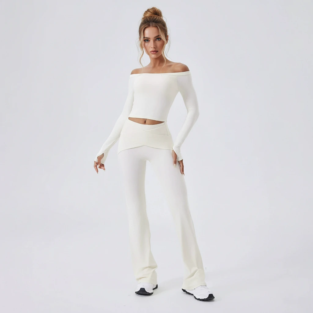 Yoke Off-the-Shoulder Solid Long-Sleeve Sports Bra High-Waisted Breathable Quick-Dry Yoga Set Front Logo Running Fitness