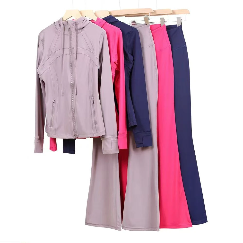 Custom Solid Two-Piece Yoga Set Includes Hooded Jacket Flared Pants Long-Sleeve Top Zippers Elastic Fitness Sports