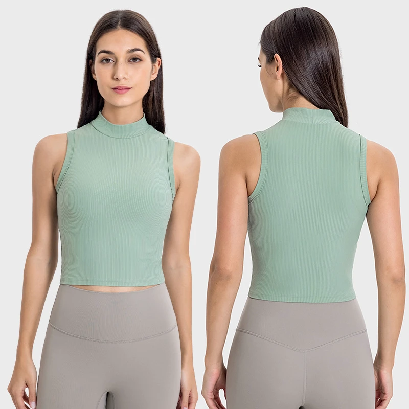 New Ribbed High-Neck Waist-Defining Slim-Fit Yoga Top for Running & Fitness Women's Sleeveless Sports Tank