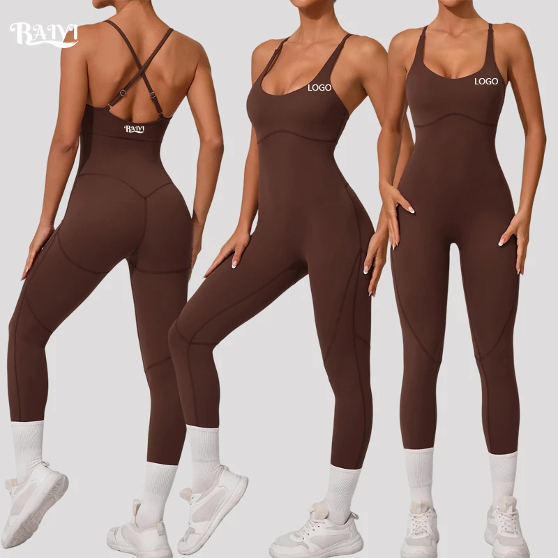 Women's Custom One Piece Sleeveless Open Back Yoga Jumpsuit Sports Cross Back Adjustable Straps Summer Fitness Workout Bodysuit