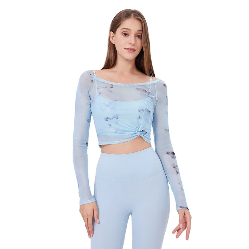 Long-sleeve Yoga Top With Mesh Quick-dry Slimming Fitness Wear Flower Butterfly 2-in-1 Sports T-shirt for Women