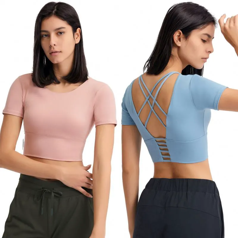 High Quality Solid Color Nude Women Tank Top Sexy Back Crossover Short Sleeves Quick Drying Naked Gym Sports Fitness Yoga Top