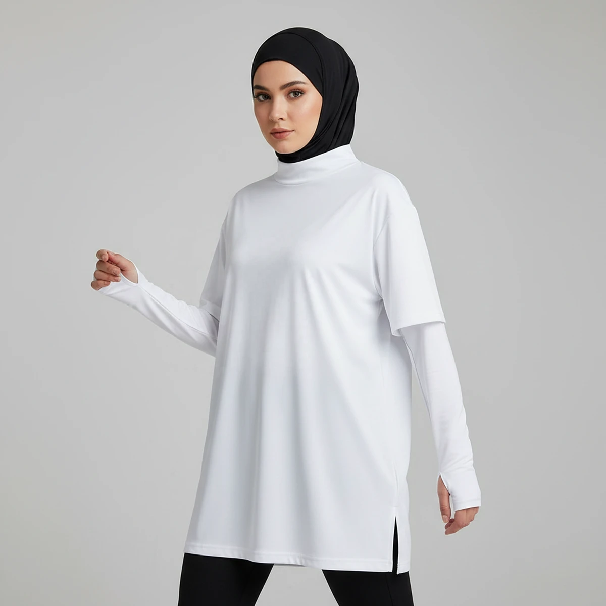 Modest Muslim Womens Quick Dry Breathable Sports Shirt Drop Shoulder Inner Sleeves Thumbholes UPF50+ Loose Fit Gym Workouts