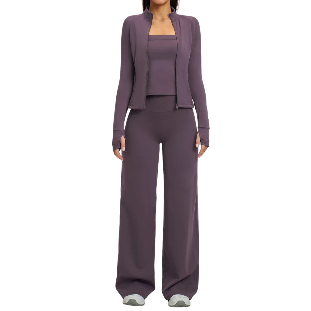 Women's Quick Dry 3 Piece Sports Set Zip Jacket Tank Top Wide Leg Pants for Running Cycling Yoga and Outdoor Fitness