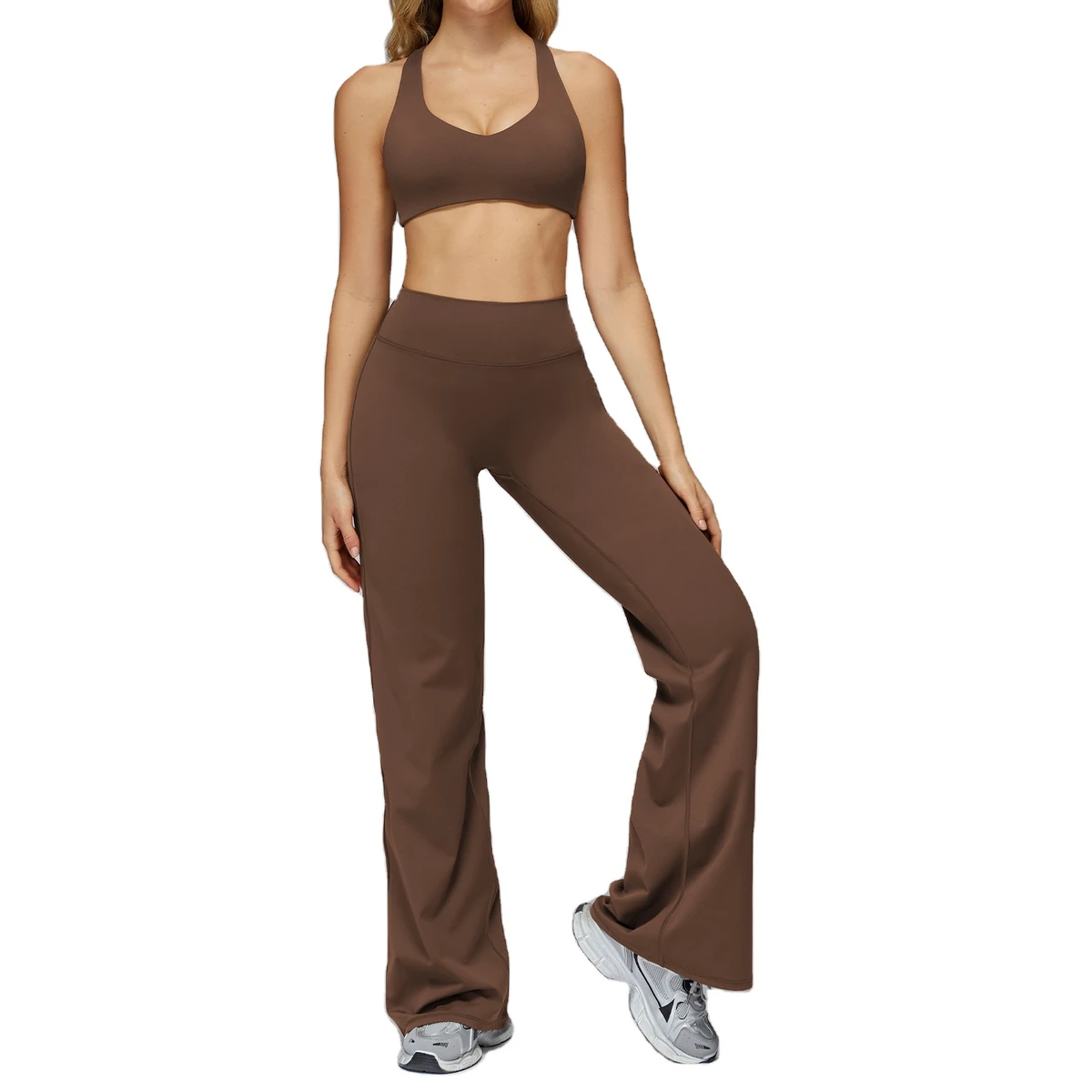 Women's Girls' Breathable Quick Dry Compression Solid Pattern Racer Back Sports Bra and Flare Pants Set Front Logo Elastic Waist