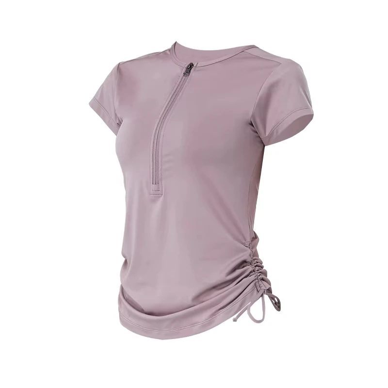 MAYYOUNG Europe and America New Zipper Drawstring Short Sleeve Slim Running Fitness Yoga Top