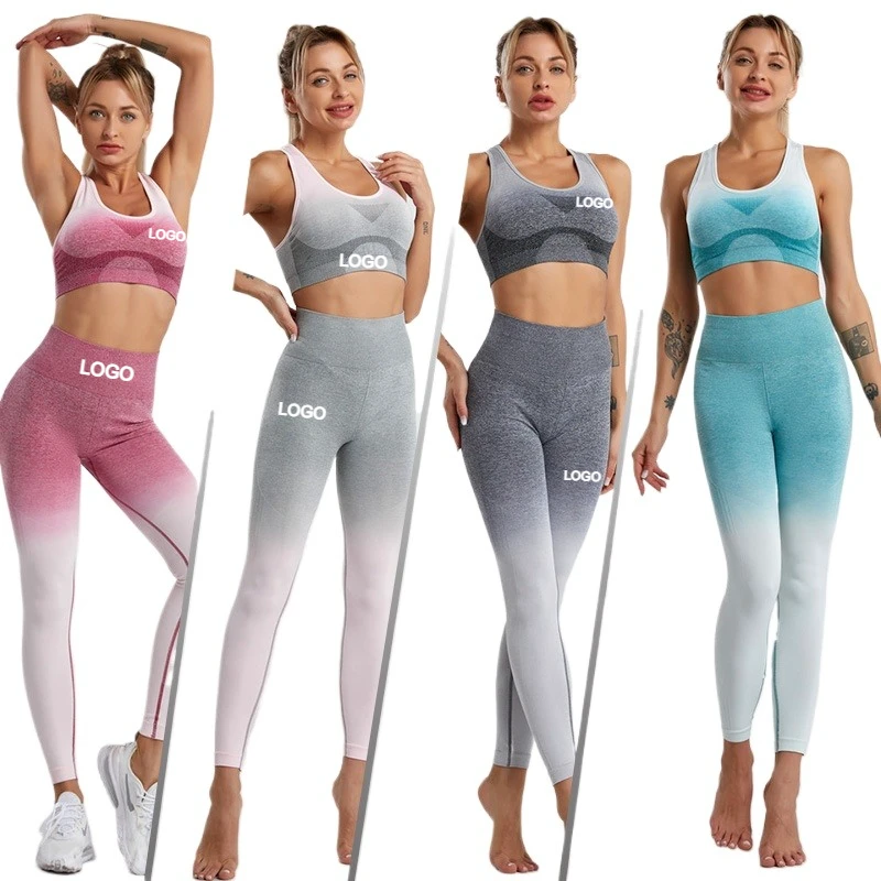 Custom Logo Seamless Gradient Tight Yoga Pants Bra High Waist Hip Lifting Quick Dry Yoga Sets Outdoor Gym Sports Suits For Women