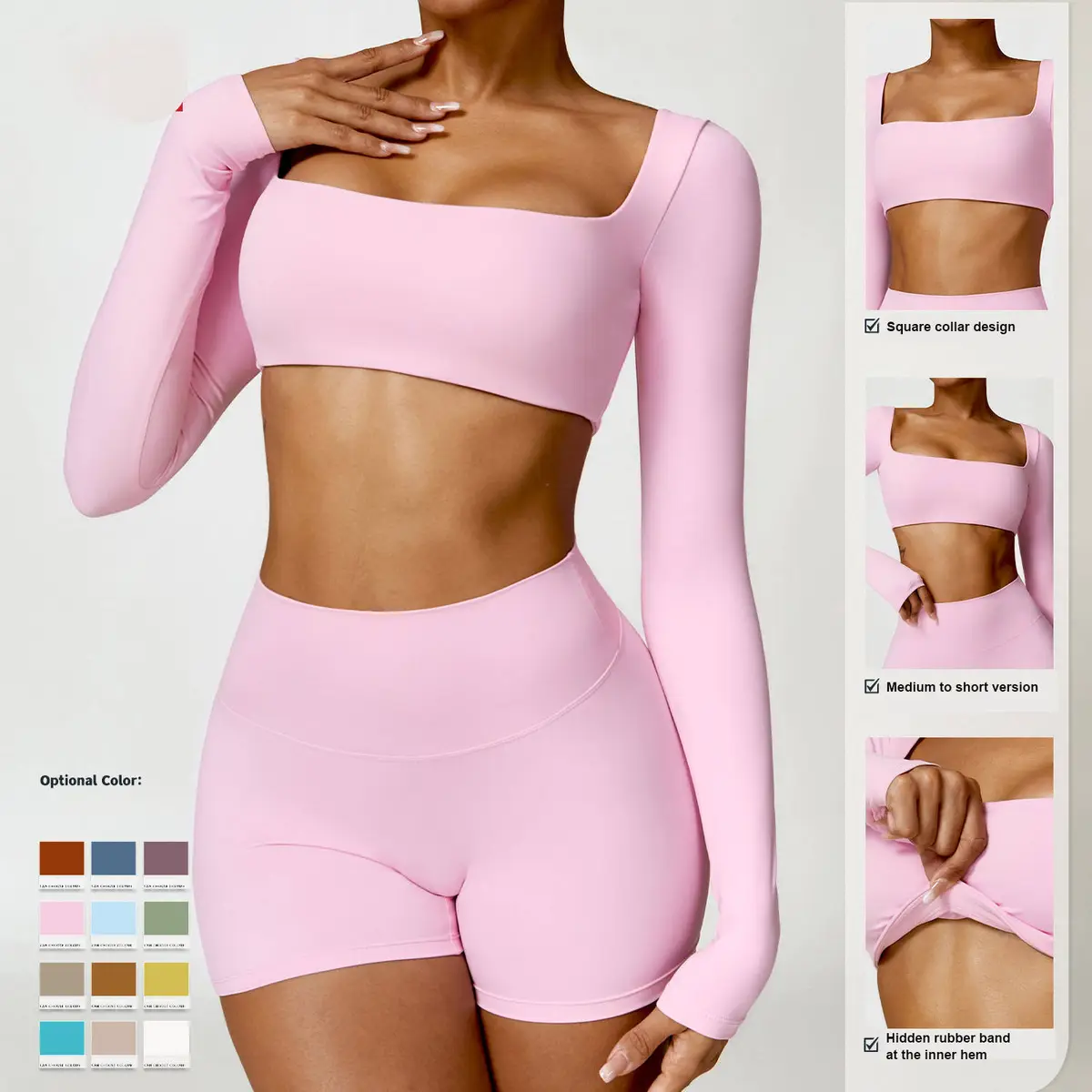 Long Sleeve Square Collar Tank Top 2-Piece Suit Solid Color Scrunch Butt Breathable Quick Dry Gym Fitness Workout Sets For Women