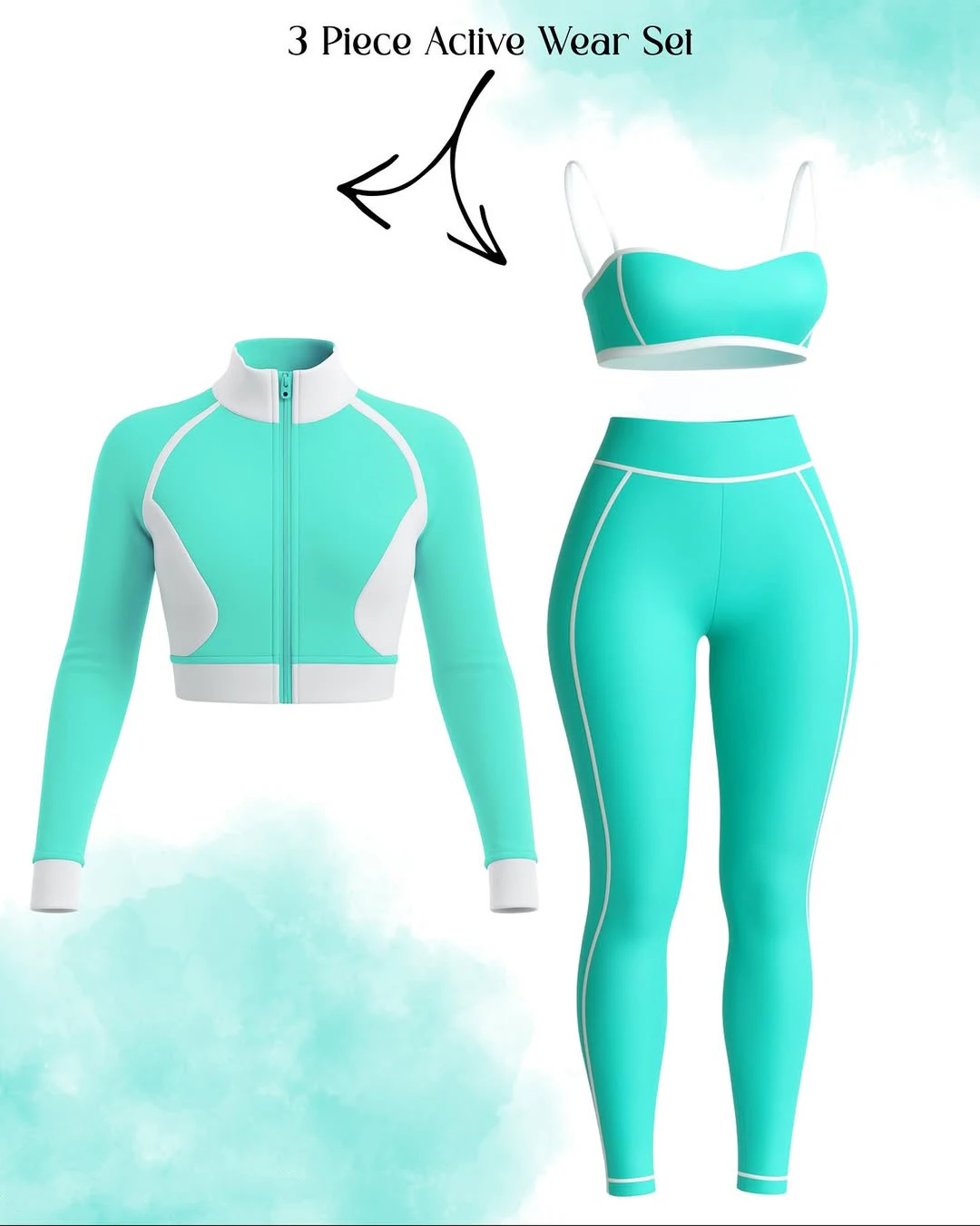 Custom Women 3 Piece Activewear Set Zip up Cropped Jacket Sports Bra High Waisted Leggings Gym Yoga Workout Outfit