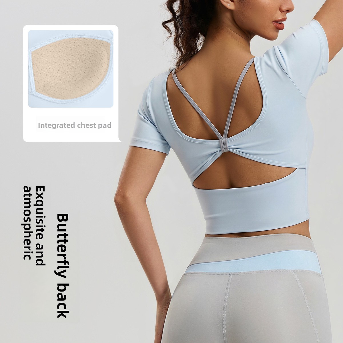 New Butterfly Beautiful-Back Women's Yoga Top Spandex/Polyester Padded Cups Short-Sleeve Cross-Strap Breathable Solid Simple
