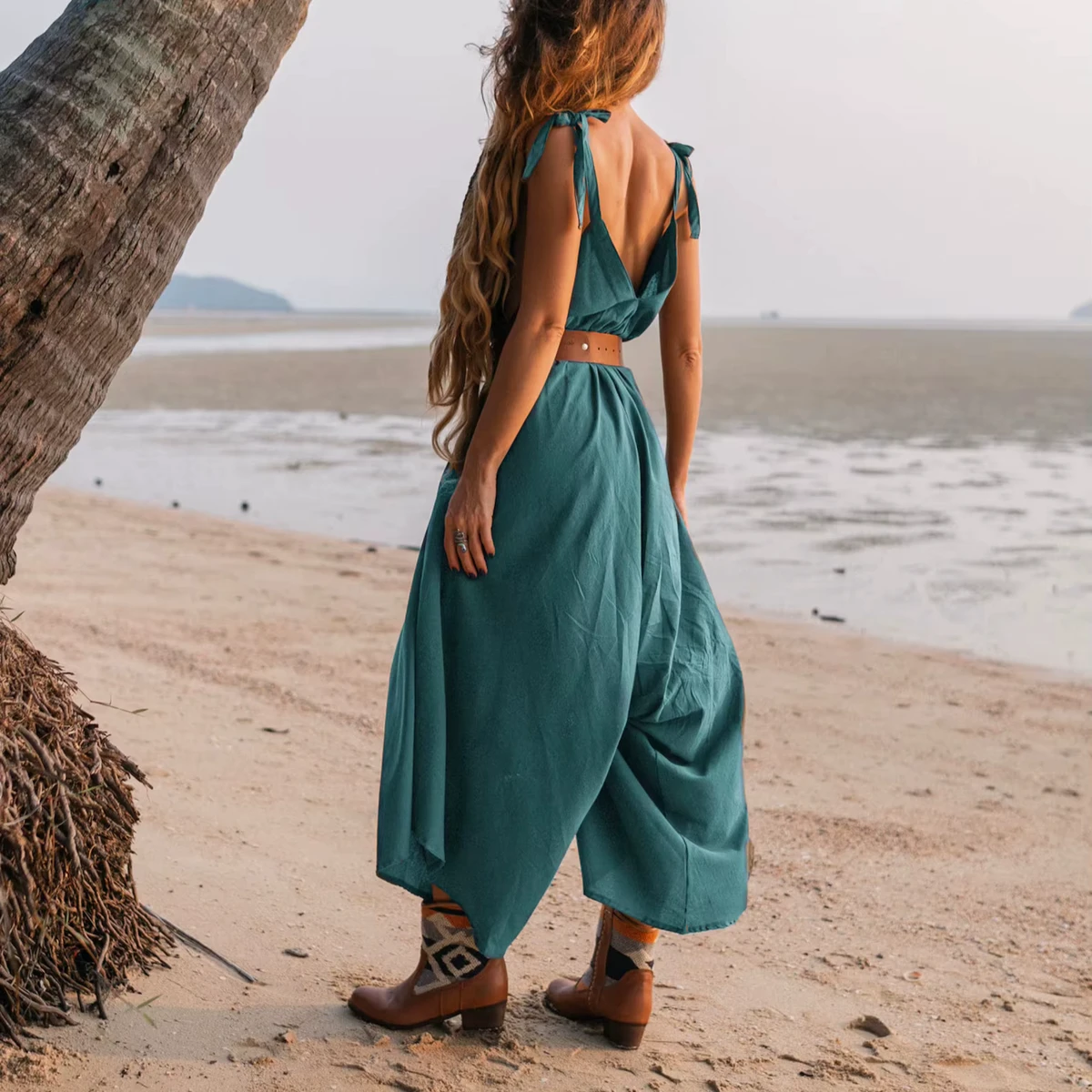 Sky Blue Formal Boho 100% Cotton Jumpsuit Wide Leg Yoga Romper Loose Bohemian Beach Outfit Festival Women Summer Travel Clothing
