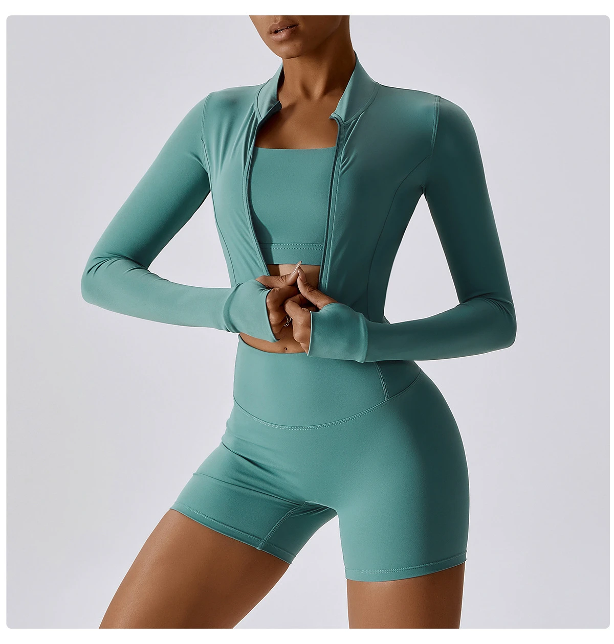 Customizable Logo on Waist Women's Three Piece Yoga Gym Set V-Neck Sports Bra Butt Lift Flare Leg Pants with Full Zipper Jacket