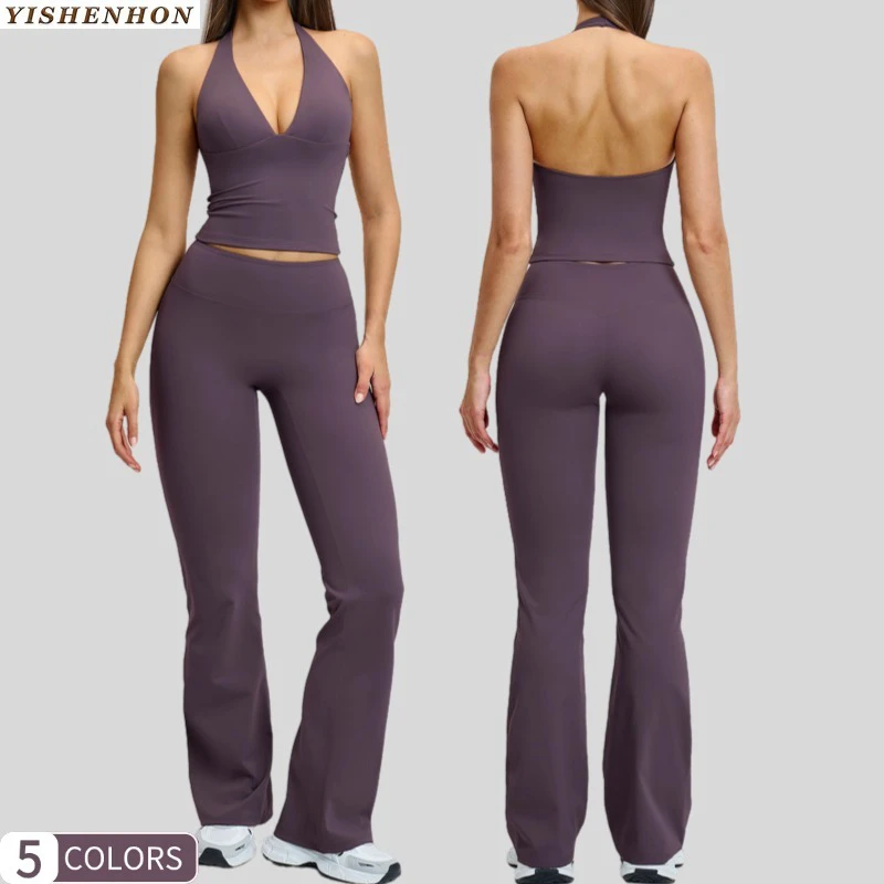 YSH Wide Leg Pants Yoga Set for Women Sports Running and Fitness Set Quick Dry & Breathable Beautiful Back Vest Yoga Clothes