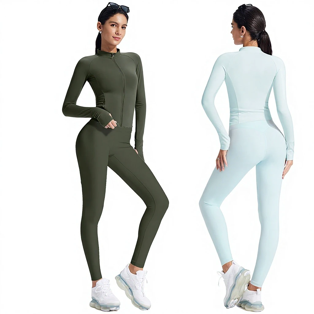 Cross-border Tight Fit Stand Collar Coat Zipper Long Sleeve Yoga Women's Windproof Leisure Sports Fitness Top Set Nylon Spandex