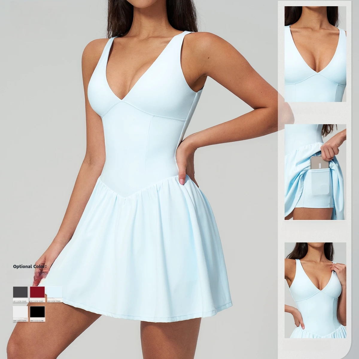 Cross-border Fitness Yoga Tank Dress Sports Outdoor Running Regular Fit Solid Midi Pleated Woven Breathable Eco-Friendly