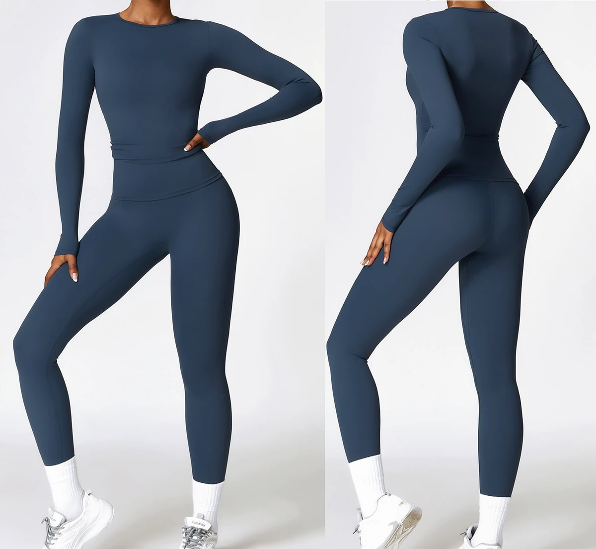 High-Rise Lightweight 2-Piece Yogini Outfit Long Sleeve Hoodie Leggings-Biker Jogger Gym Training Athletic Gear Plus Size Yoga