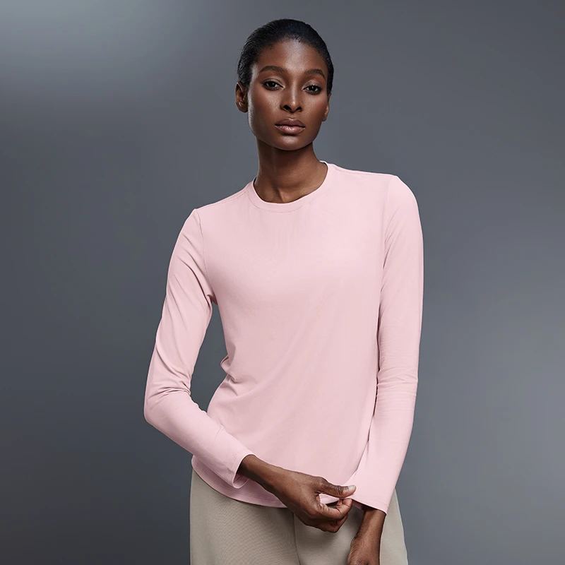 Womens Long Sleeve Nylon Spandex Yoga Top Stretchy Sweat Wicking Breathable Quick Dry Loose Fit Indoor Outdoor Round Neck Tee