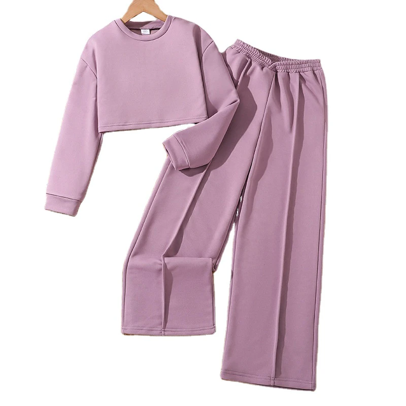 Autumn Teenager Girls Sport Clothes Sets Long Sleeve Short Top Pullover Sweatshirt Pants Simple Outfits for 8-12 Year Kids