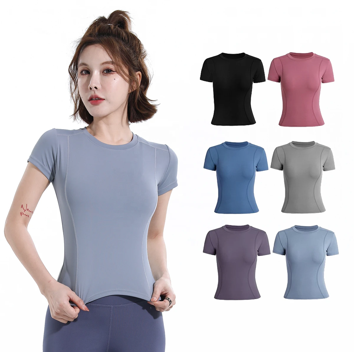 High Elastic Women Fitness Short Sleeve Sports t Shirt Custom Quick-dry Gym Wear Breathable Training Tight Yoga Plain t Shirts