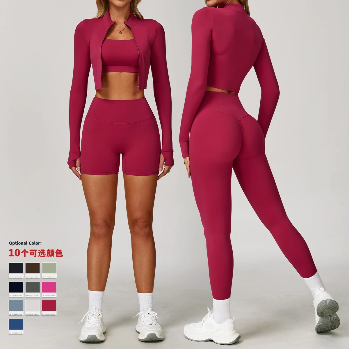 Wholesale Custom Logo Outdoor Sports Tight Solid Sweat-Wicking Yoga Suit Set Fitness Wear High-waisted Three-piece 3 Set